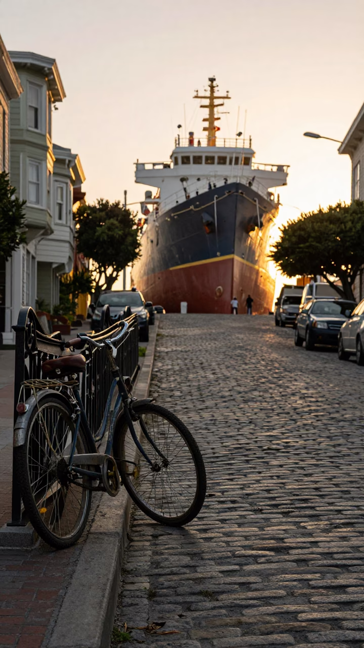 Golden Hour Street Scene in San Francisco with Cargo Ship and Vintage Elements in in San Francisco, California, United States