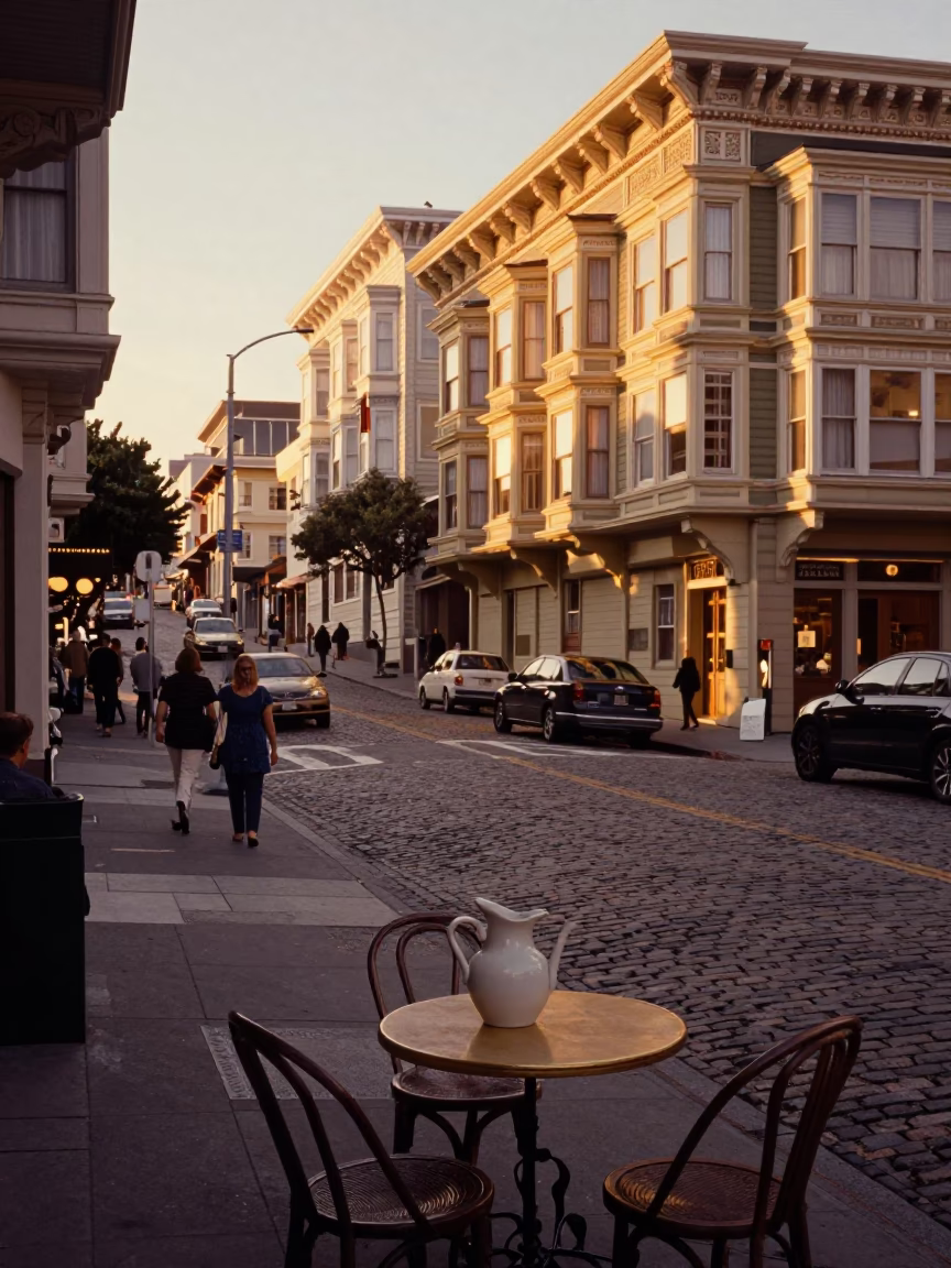 Golden Hour Street Scene in San Francisco with Ceramic Pitcher and Rusty Basin in in San Francisco, California, United States