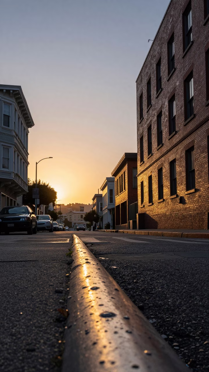 Golden Hour Street Scene in San Francisco with Dented Metal Rim Detail in in San Francisco, California, United States