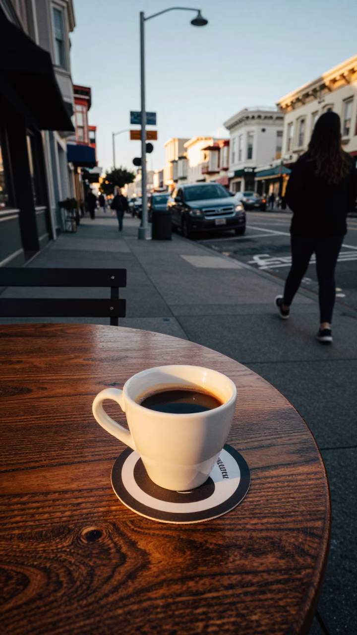 Golden Hour Street Scene in San Francisco With Espresso Cup and Coaster in in San Francisco, California, United States