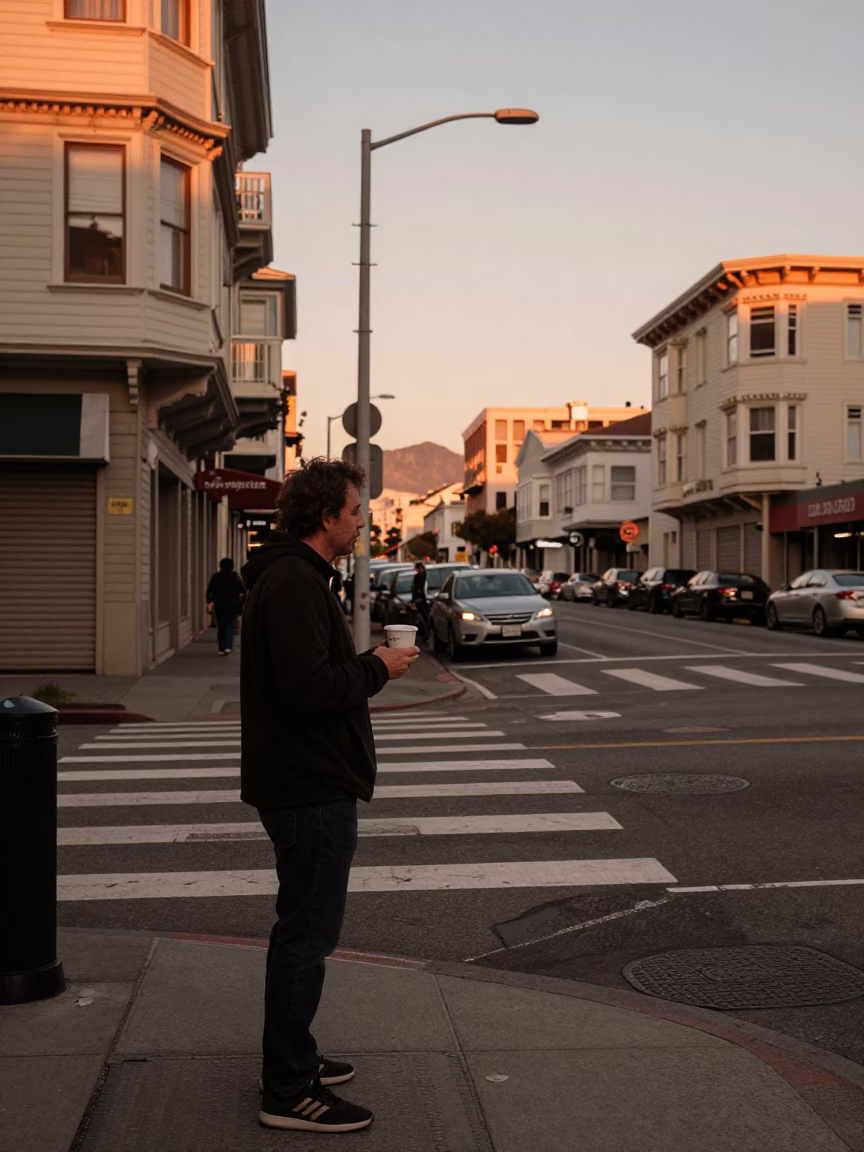 Golden Hour Street Scene in San Francisco with Espresso Cup and Urban Details in in San Francisco, California, United States