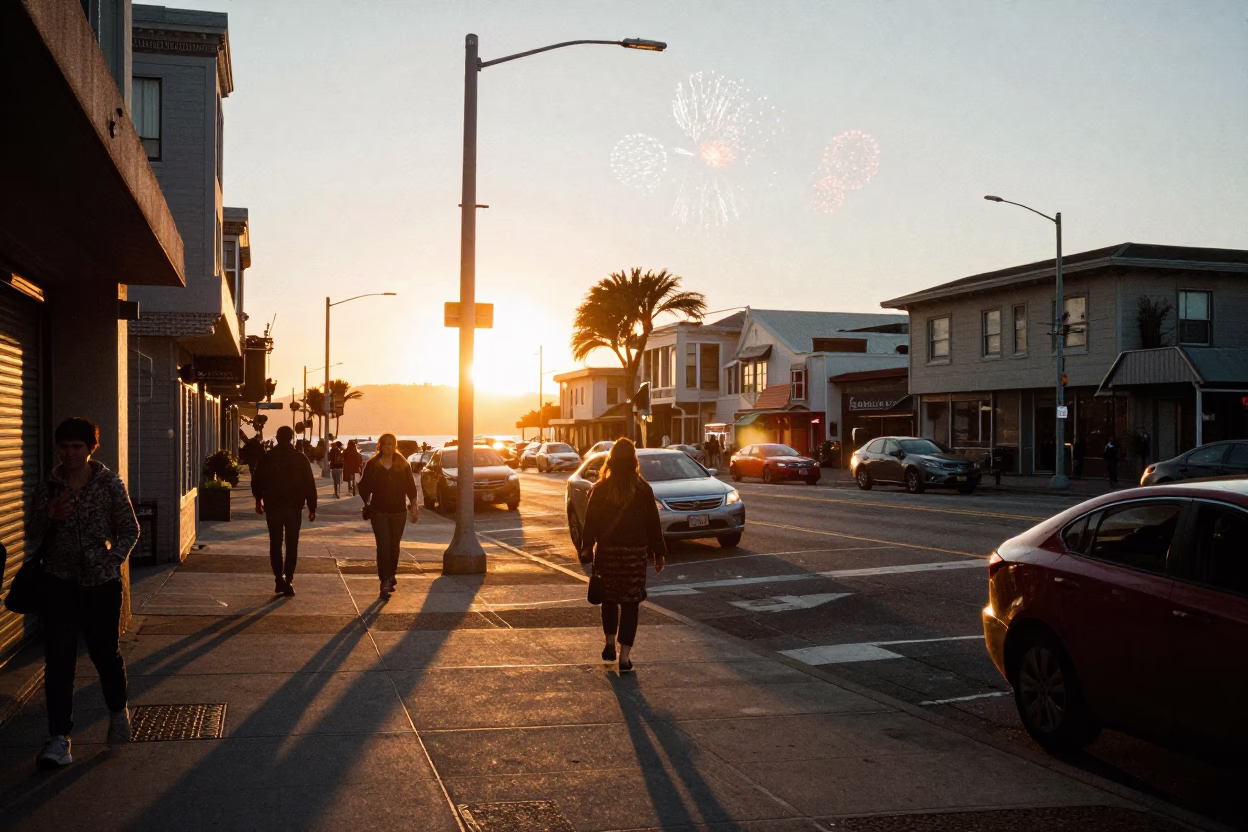 Golden Hour Street Scene in San Francisco with Fireworks Over Harbor at Sunset in in San Francisco, California, United States