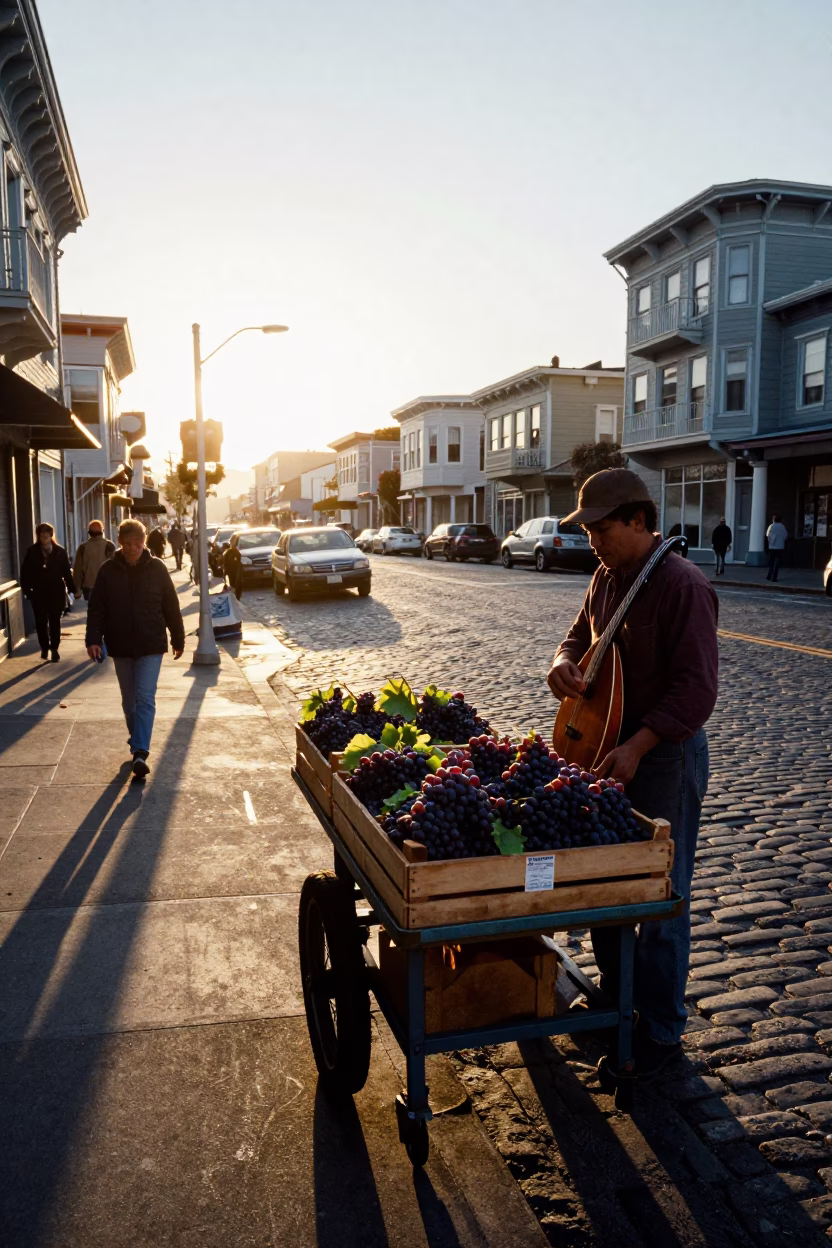 Golden Hour Street Scene in San Francisco with Grapes and Mandolin in in San Francisco, California, United States
