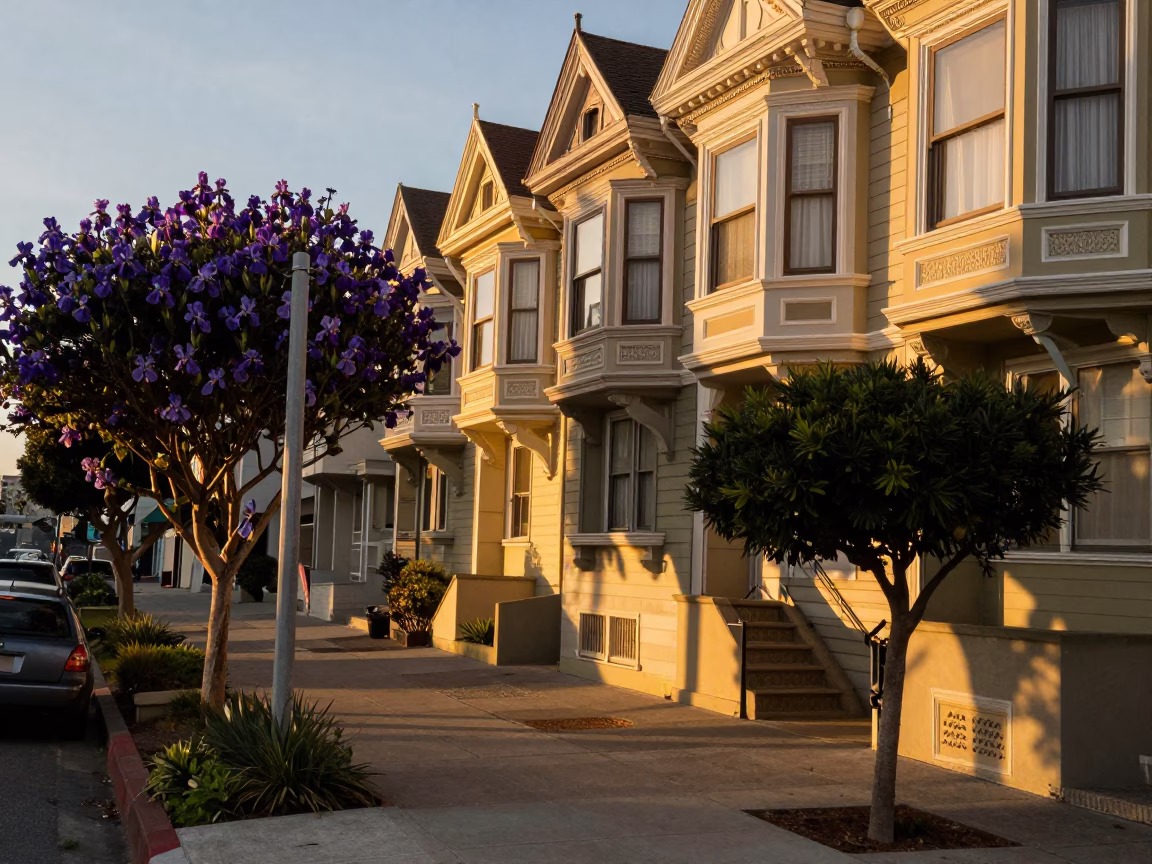 Golden Hour Street Scene in San Francisco with Iris Blossoms and Urban Architecture in in San Francisco, California, United States