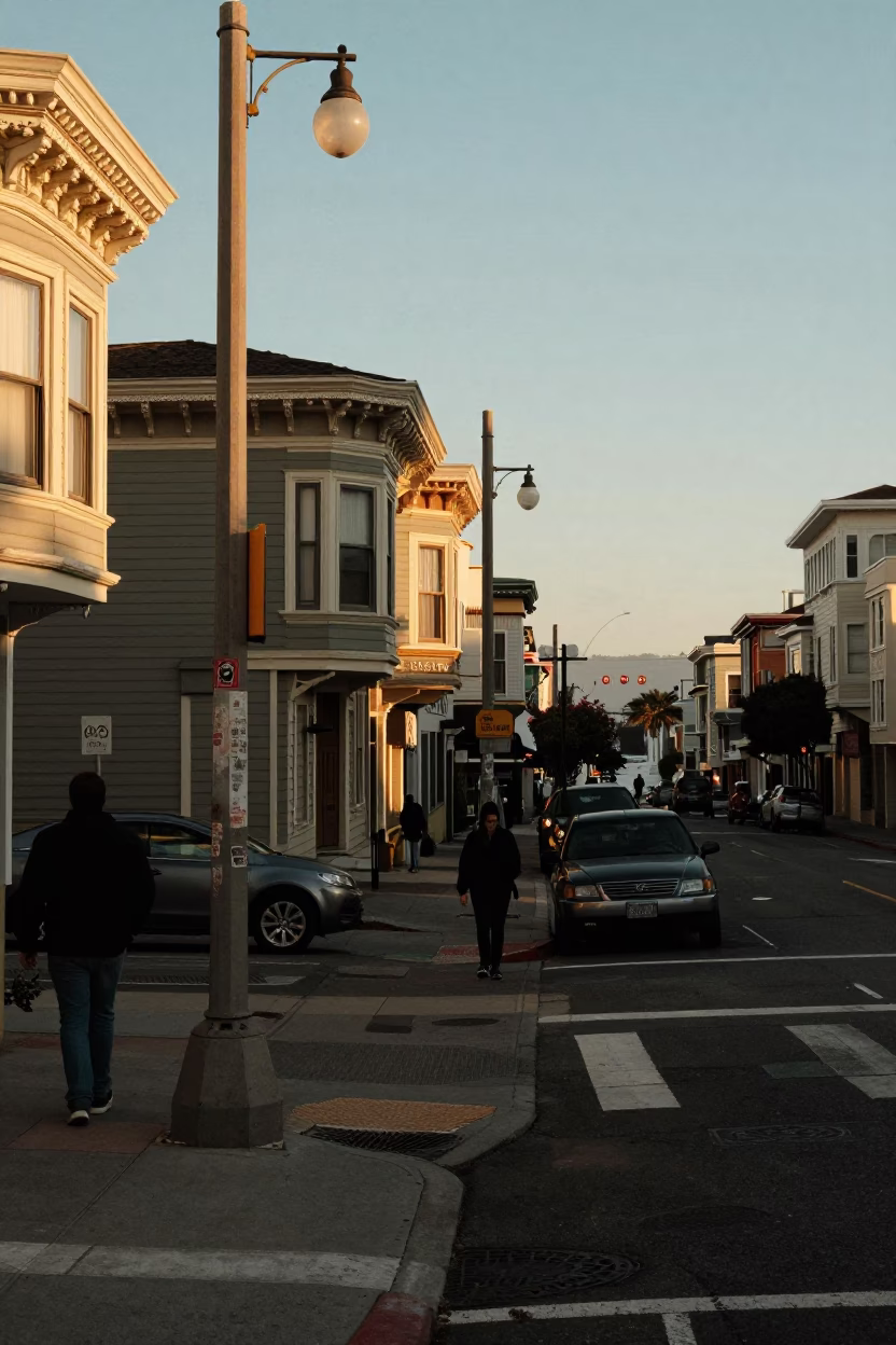 Golden Hour Street Scene in San Francisco with Local Details and Lantern in in San Francisco, California, United States