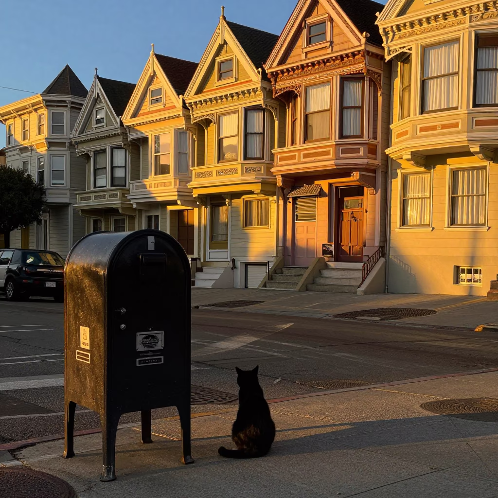 Golden Hour Street Scene in San Francisco with Mailbox and Black Cat in in San Francisco, California, United States