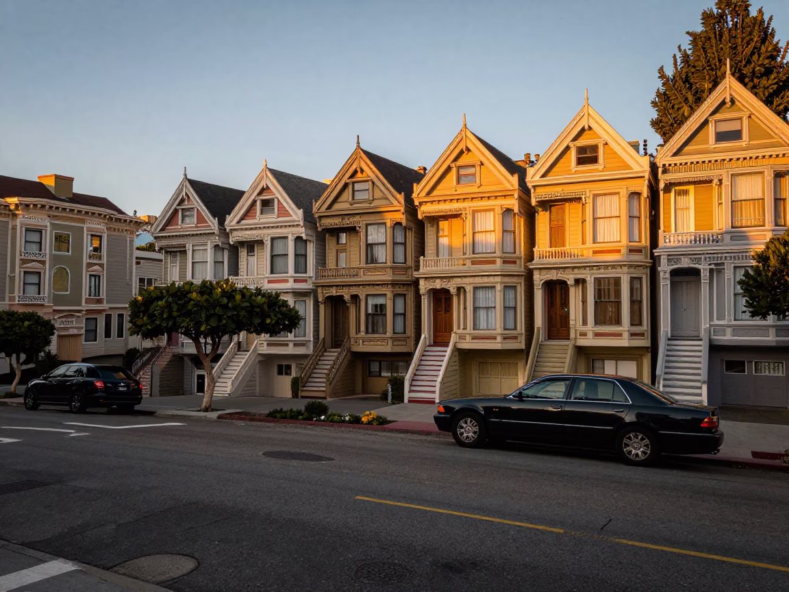 Golden Hour Street Scene in San Francisco with Parked Car and Paperbacks in in San Francisco, California, United States