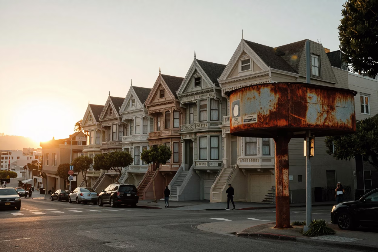 Golden Hour Street Scene in San Francisco with Rusty Saucer and Cat in in San Francisco, California, United States