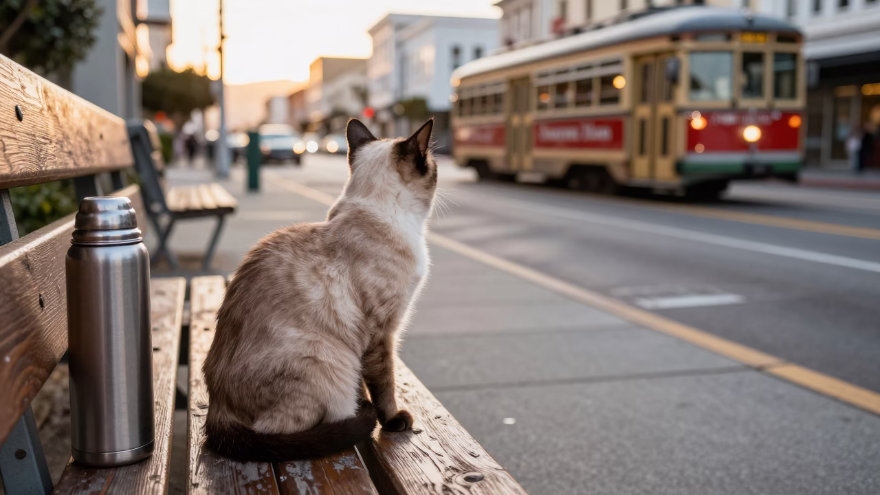 Golden Hour Street Scene in San Francisco with Siamese Cat and Thermos in in San Francisco, California, United States