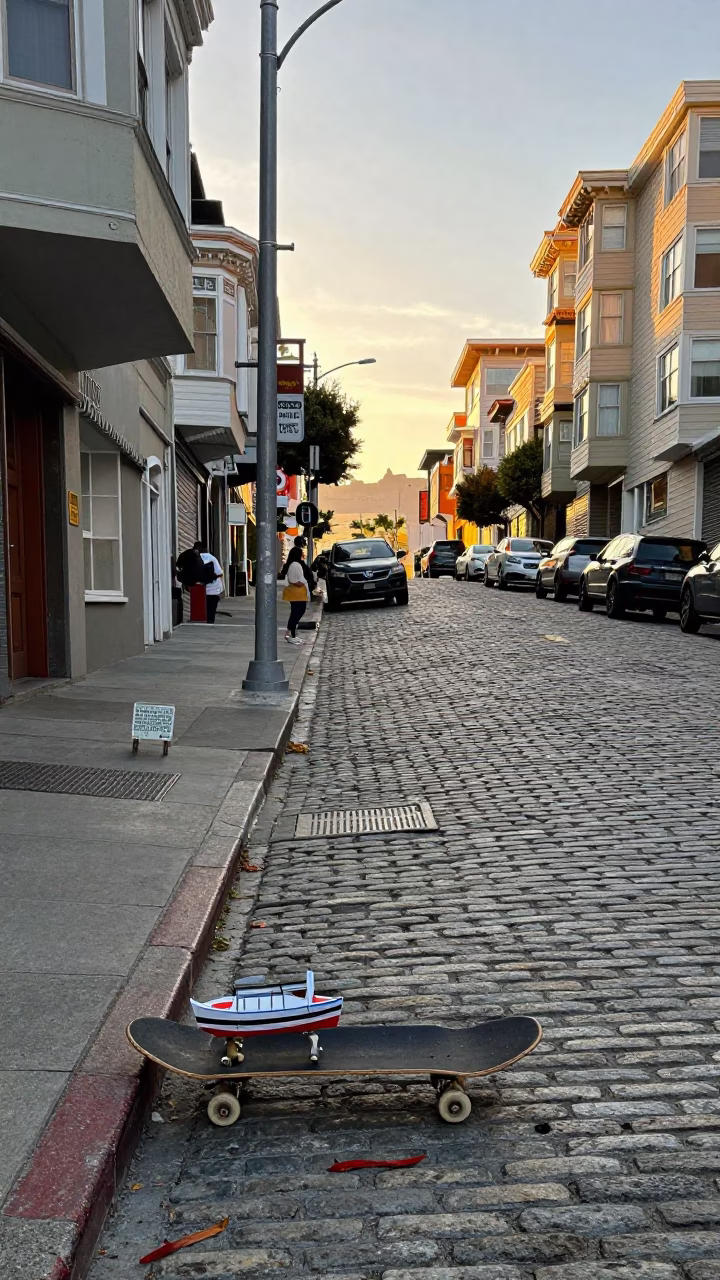 Golden Hour Street Scene in San Francisco with Skateboard and Model Ship Detail in in San Francisco, California, United States