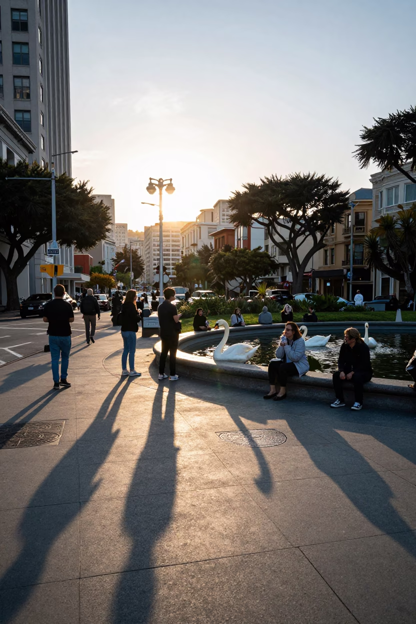 Golden Hour Street Scene in San Francisco with Swans and Urban Details in in San Francisco, California, United States