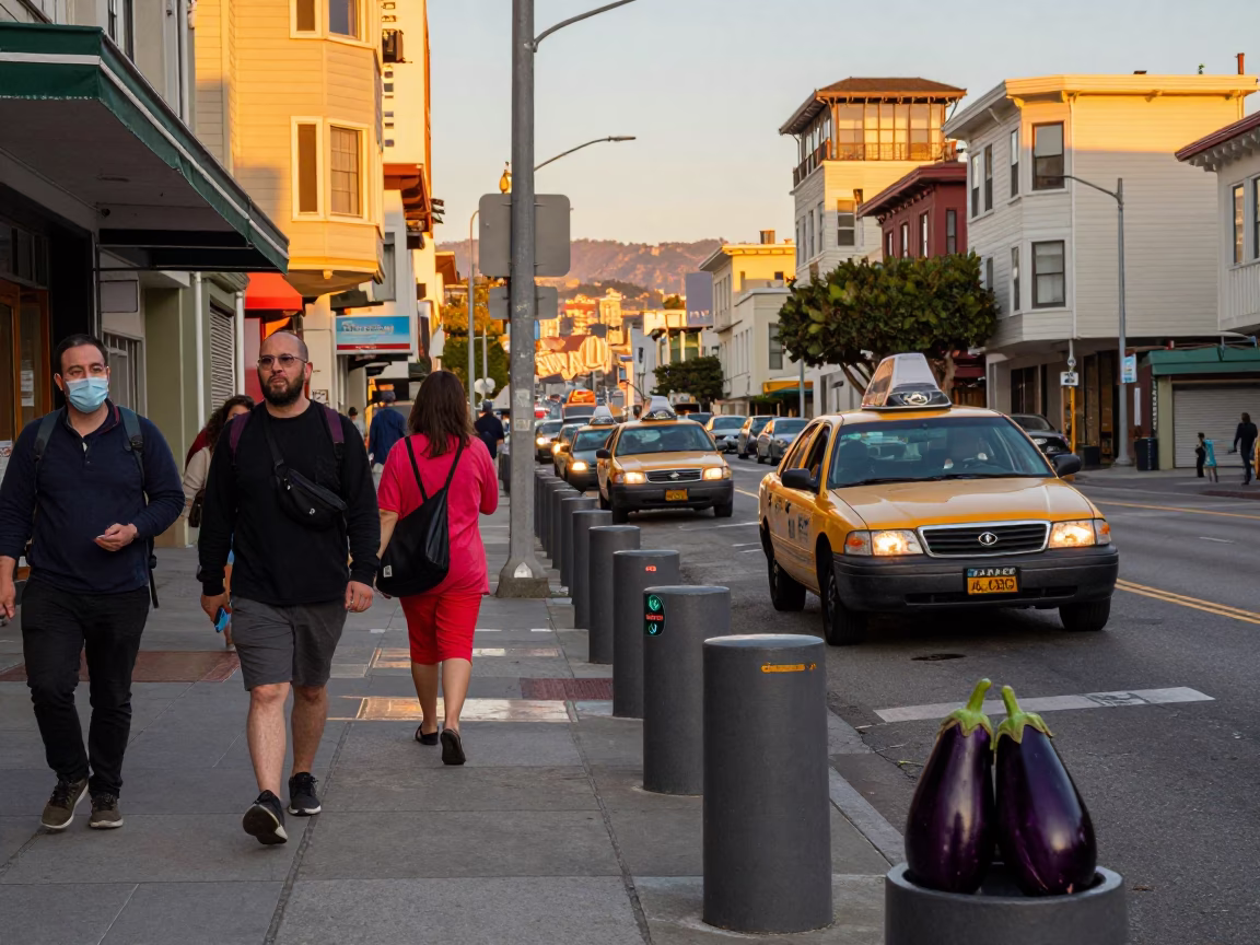 Golden Hour Street Scene in San Francisco with Taxi Rank and Eggplants in in San Francisco, California, United States