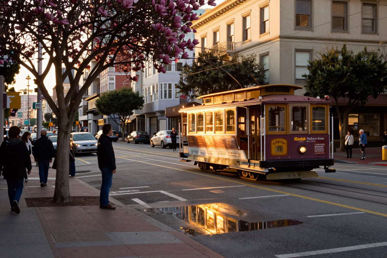 Golden Hour Street Scene in San Francisco with Tram Reflection and Magnolia Bloom in in San Francisco, California, United States