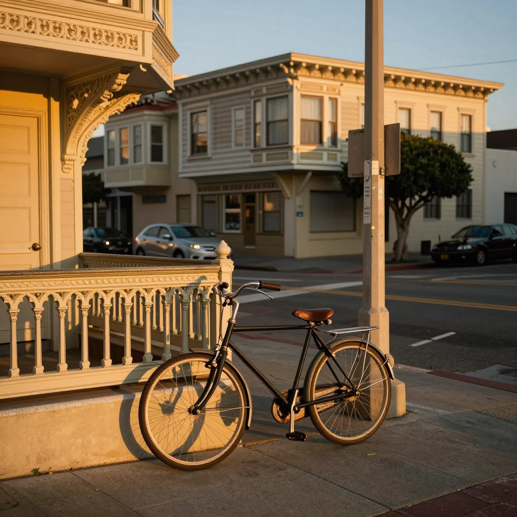 Golden Hour Street Scene in San Francisco with Vintage Bicycle and Copper Pot in in San Francisco, California, United States