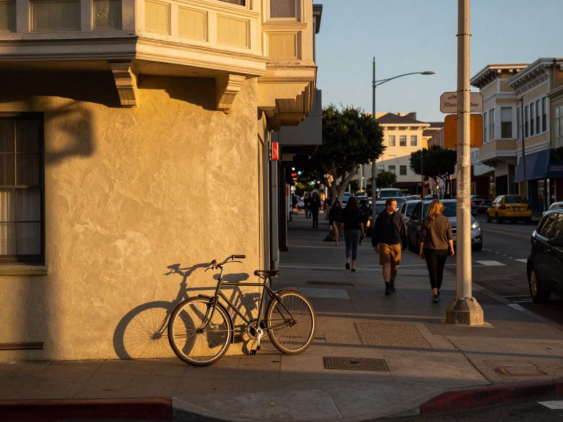 Golden Hour Street Scene in San Francisco with Vintage Bicycle and Sun Hats in in San Francisco, California, United States