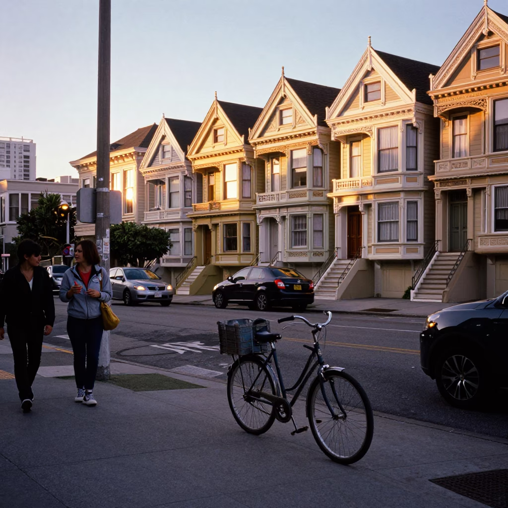 Golden Hour Street Scene in San Francisco with Vintage Bicycle and Urban Details in in San Francisco, California, United States