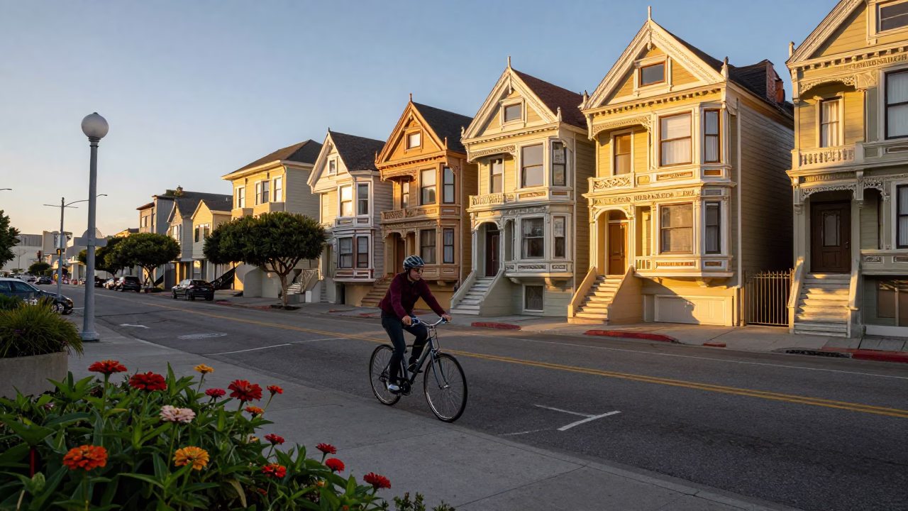 Golden Hour Street Scene in San Francisco with Vintage Bicycle and Zinnias in in San Francisco, California, United States
