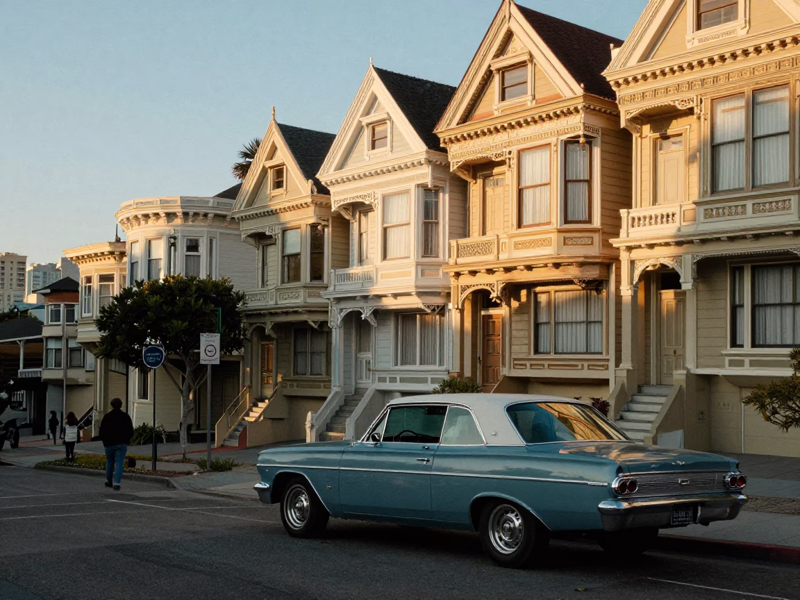 Golden Hour Street Scene in San Francisco with Vintage Car and Pedestrians in in San Francisco, California, United States