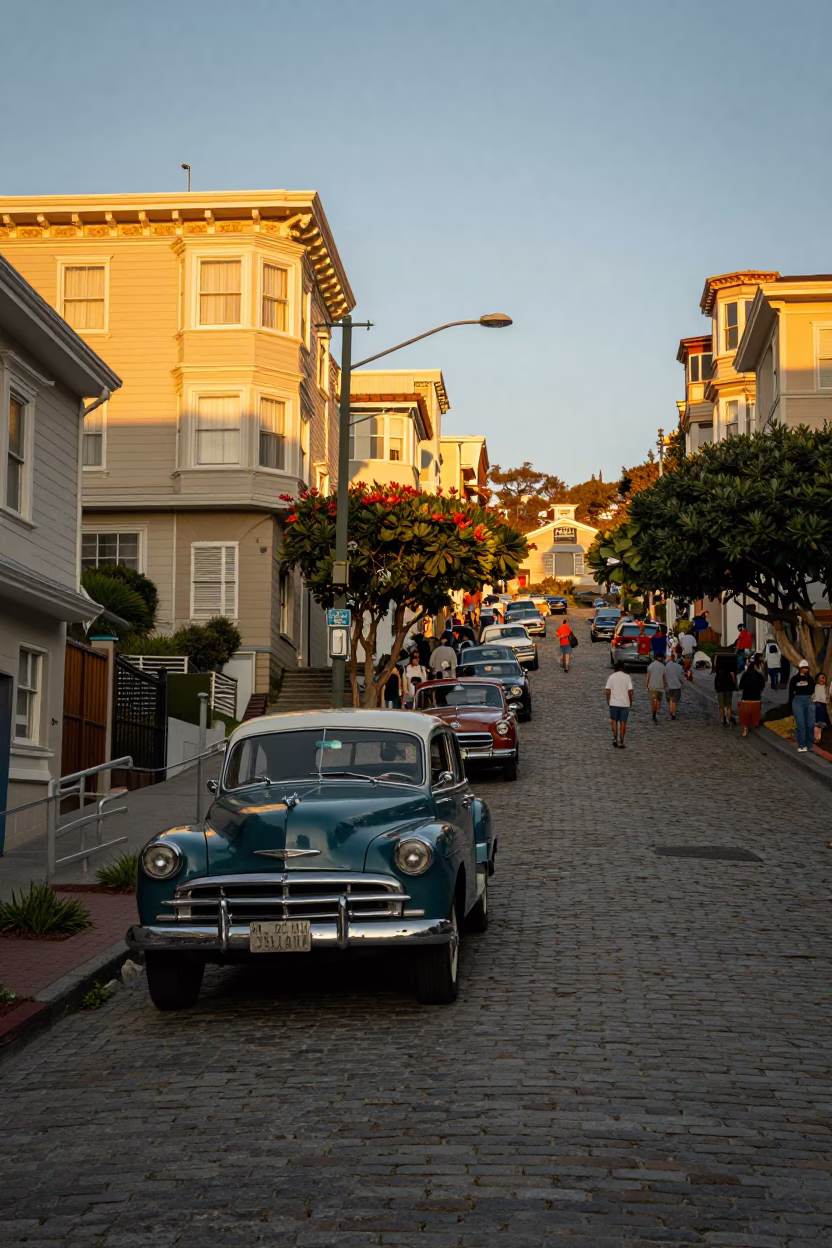Golden Hour Street Scene in San Francisco with Vintage Car and Seismograph Art in in San Francisco, California, United States