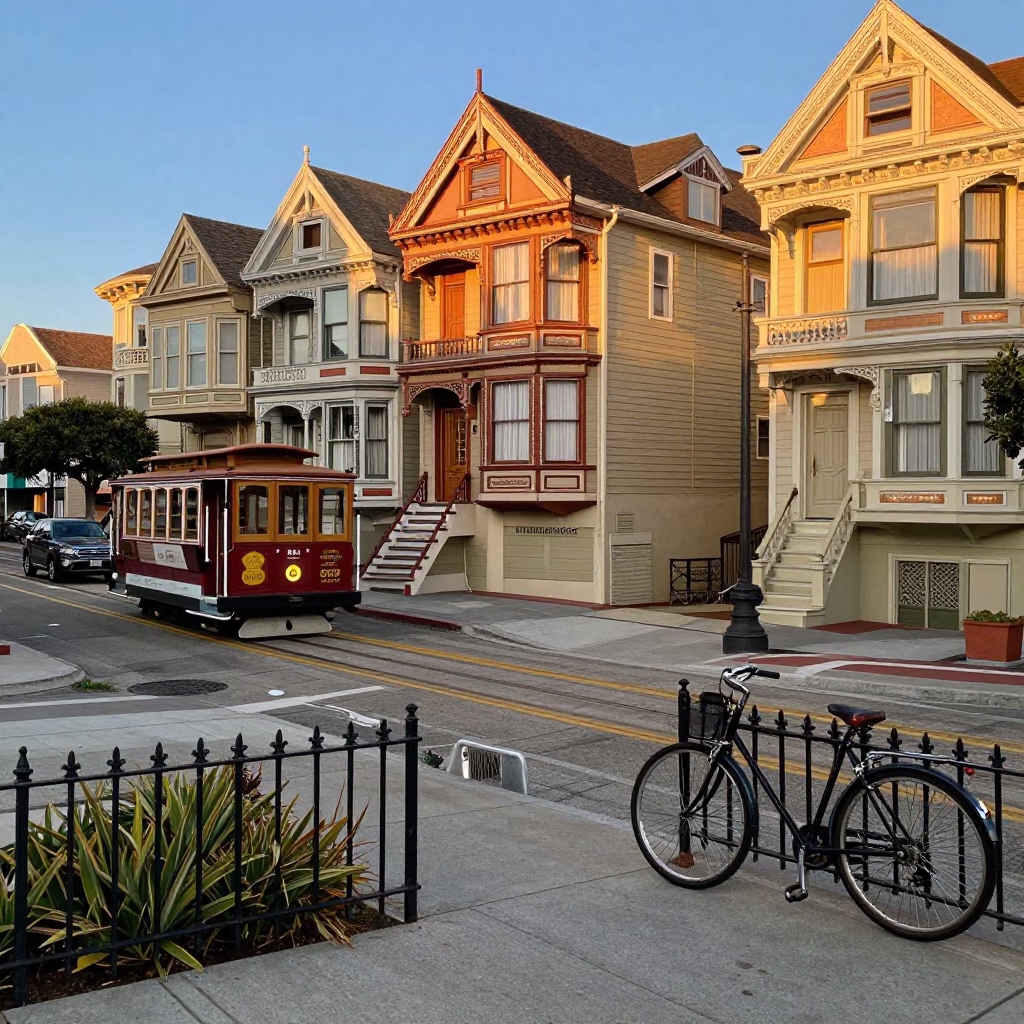 Golden Hour Street Scene in San Francisco with Vintage Details and Local Life in in San Francisco, California, United States