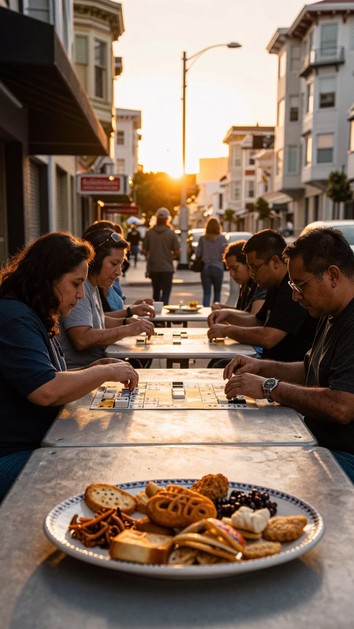 Golden Hour Street Scene in San Francisco with Vintage Domino Game and Ceramic Details in in San Francisco, California, United States