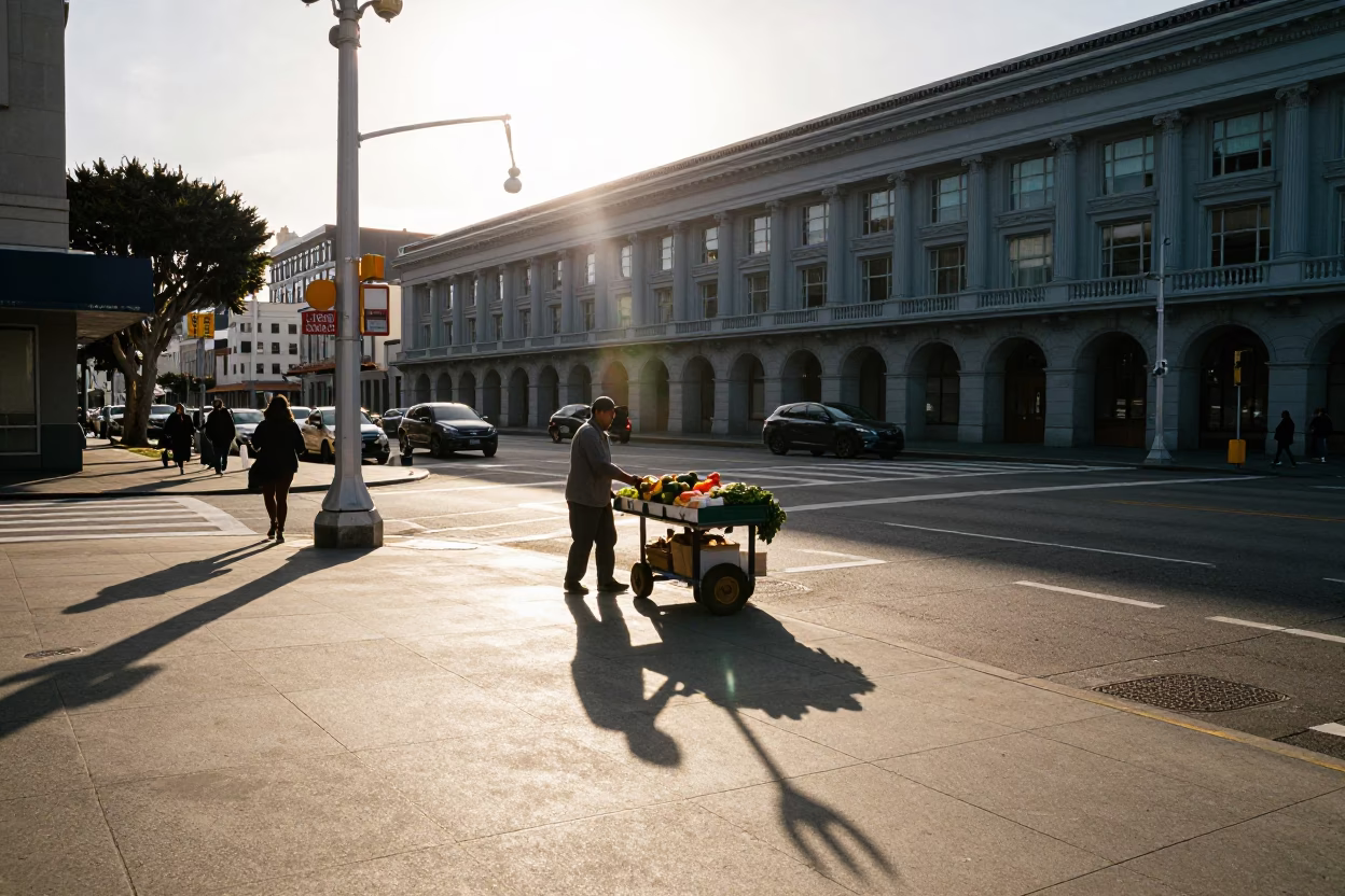 Golden Hour Street Scene in San Francisco with Wicker Shadow and Hand Fork Detail in in San Francisco, California, United States