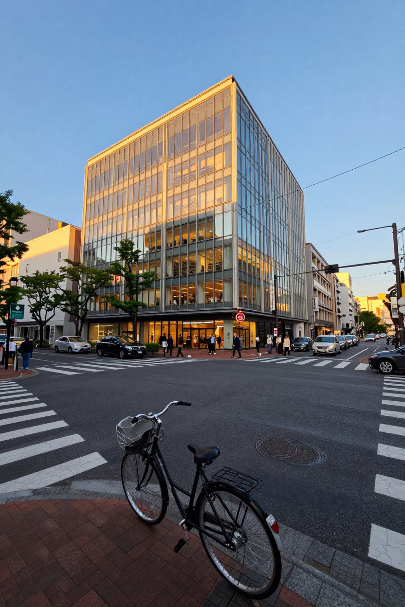 Golden Hour Street Scene in Sapporo Japan with Bicycle and Shop Signs in in Sapporo, Japan