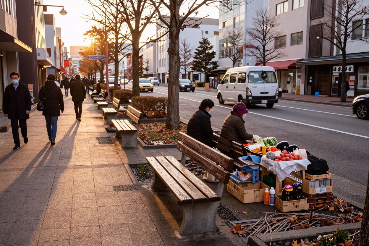 Golden Hour Street Scene in Sapporo Japan with Garden Benches and Local Life in in Sapporo, Japan