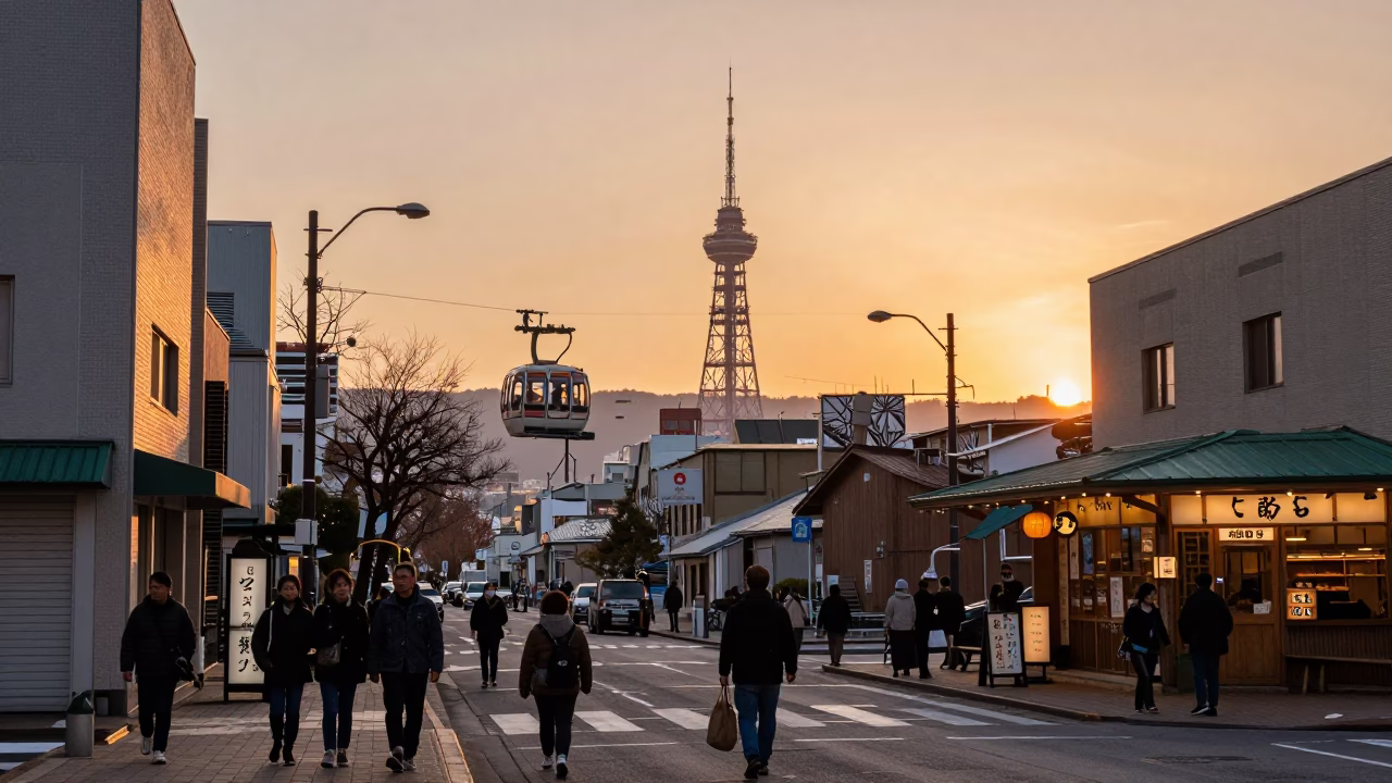 Golden Hour Street Scene in Sapporo Japan with Gondola Lift and Local Diners in in Sapporo, Japan