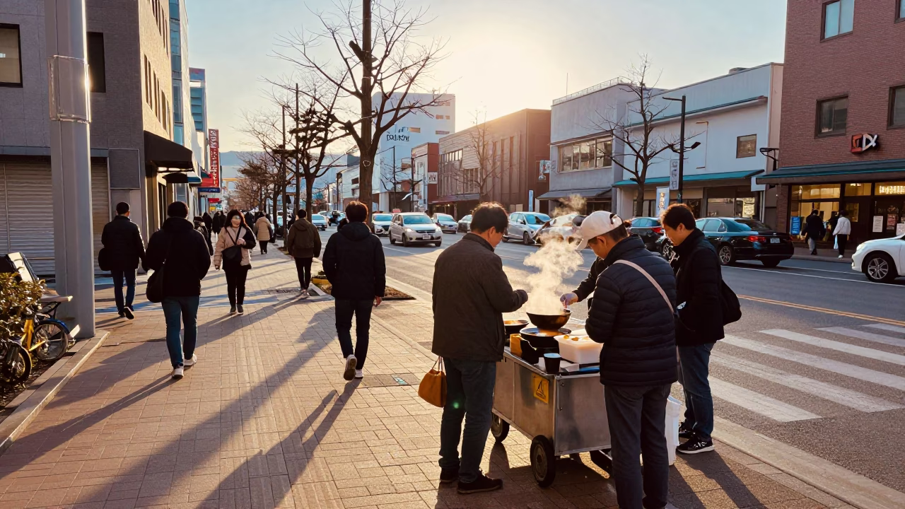 Golden Hour Street Scene in Sapporo Japan with Local Food and Urban Life in in Sapporo, Japan