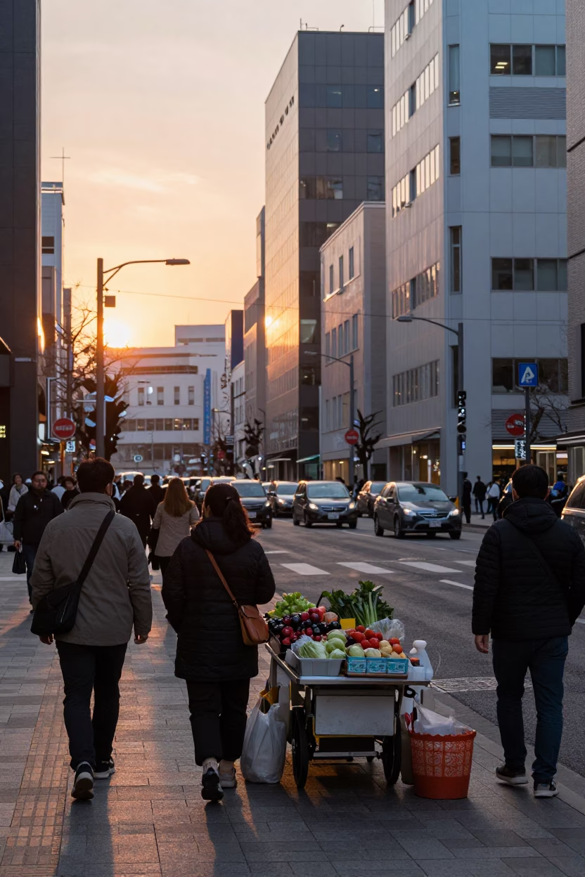 Golden Hour Street Scene in Sapporo Japan with Local Vendors and Pedestrians in in Sapporo, Japan