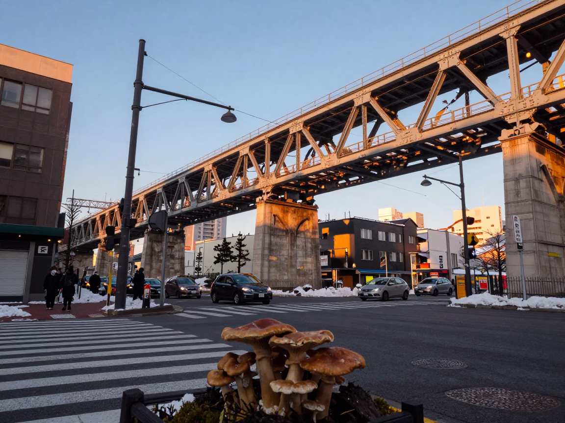 Golden Hour Street Scene in Sapporo Japan with Railway Viaduct and Winter Mushrooms in in Sapporo, Japan