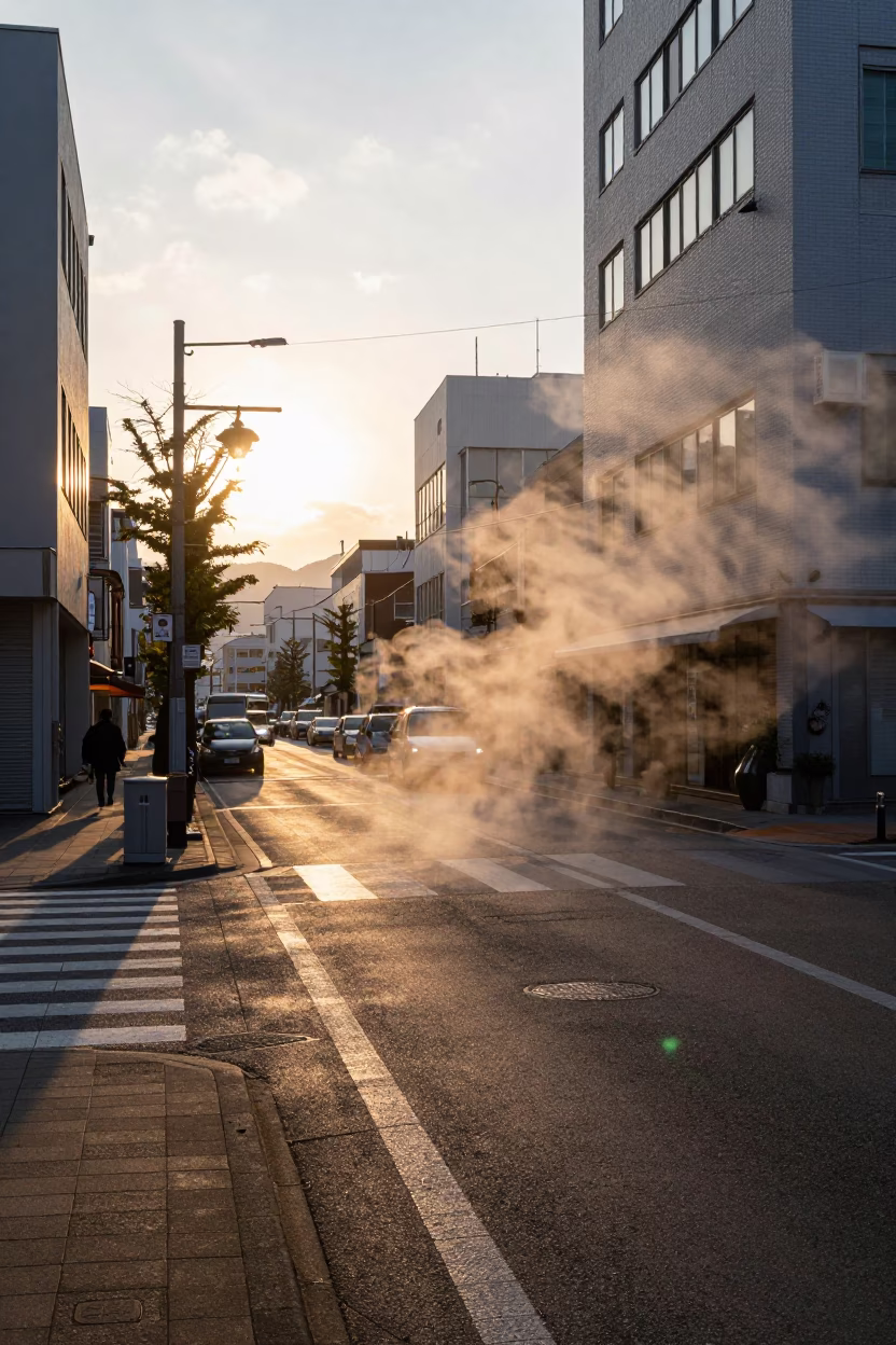 Golden Hour Street Scene in Sapporo Japan with Steam and Urban Details in in Sapporo, Japan