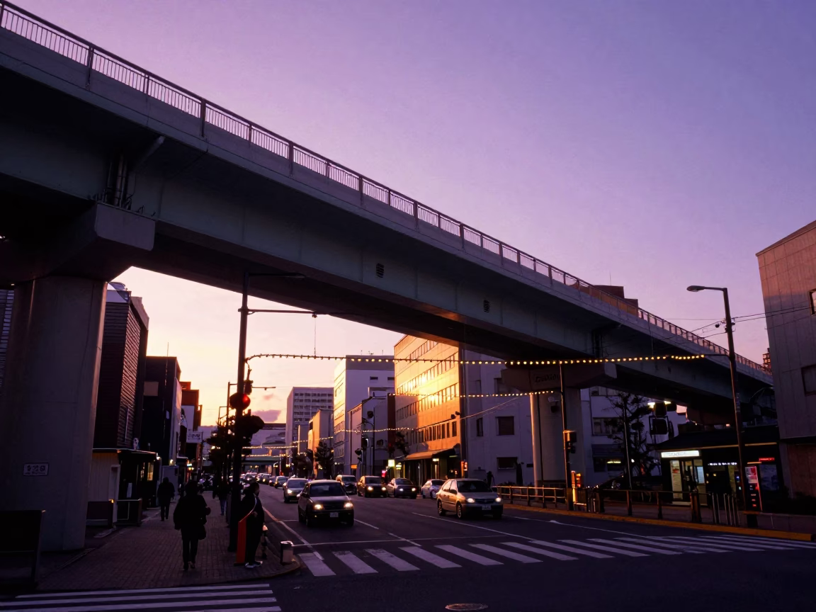 Golden Hour Street Scene in Sapporo Japan with String Lights and Overpass in in Sapporo, Japan