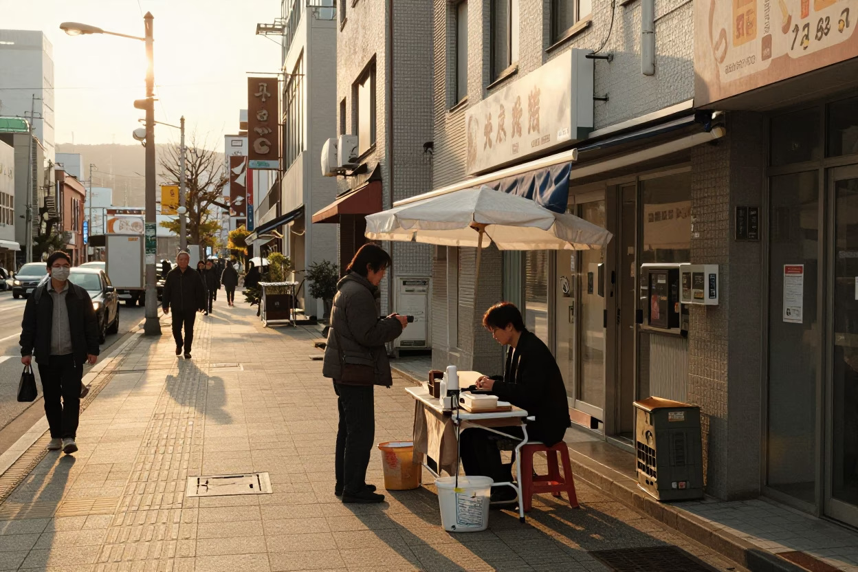 Golden Hour Street Scene in Sapporo Japan with Vintage Aesthetic and Local Details in in Sapporo, Japan