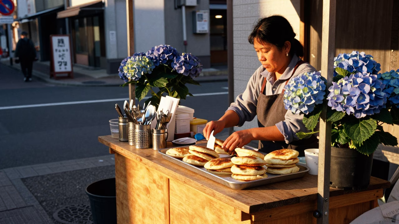 Golden Hour Street Scene in Sapporo Japan with Vintage Cutlery and Hydrangeas in in Sapporo, Japan