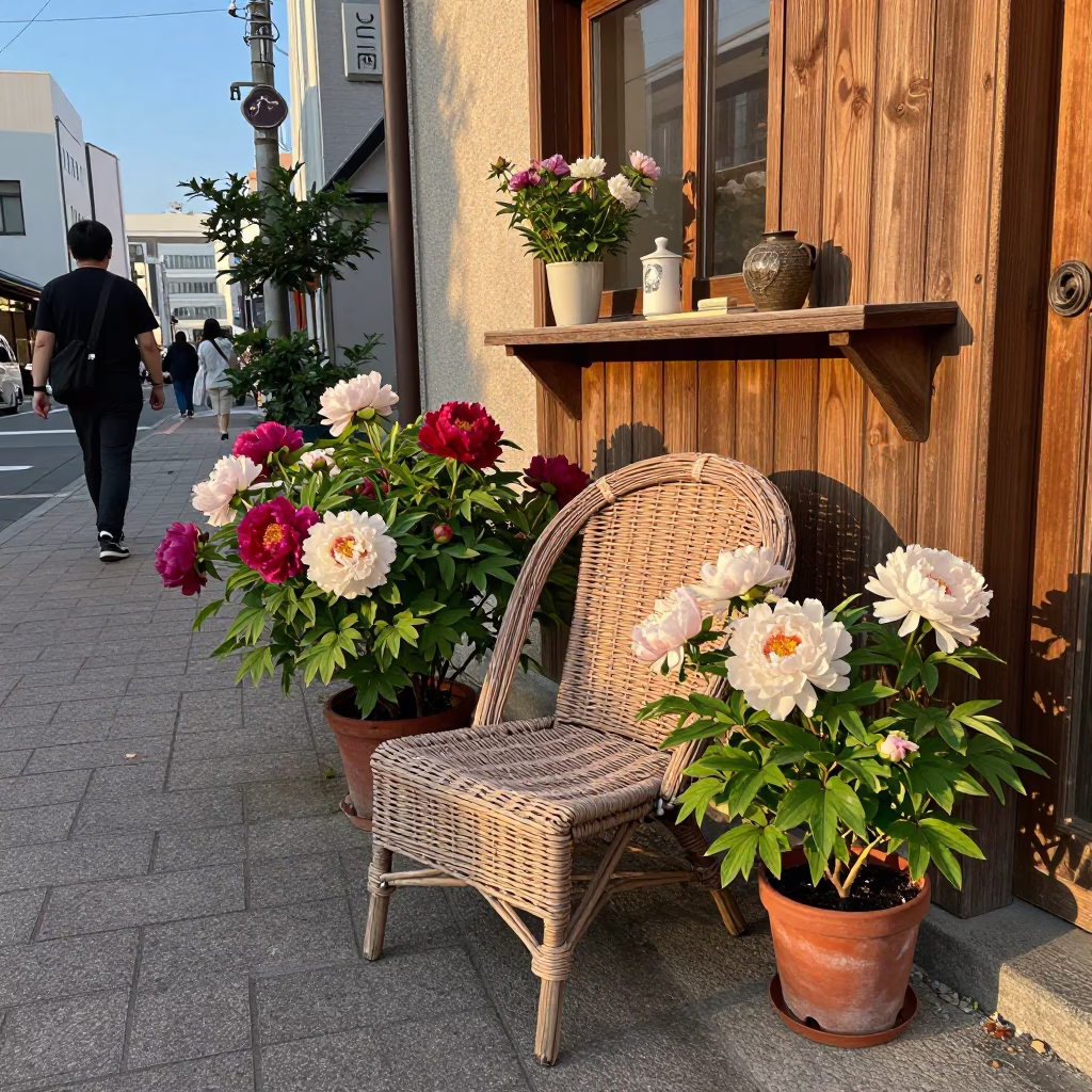 Golden Hour Street Scene in Sapporo Japan with Vintage Decor and Peonies in in Sapporo, Japan