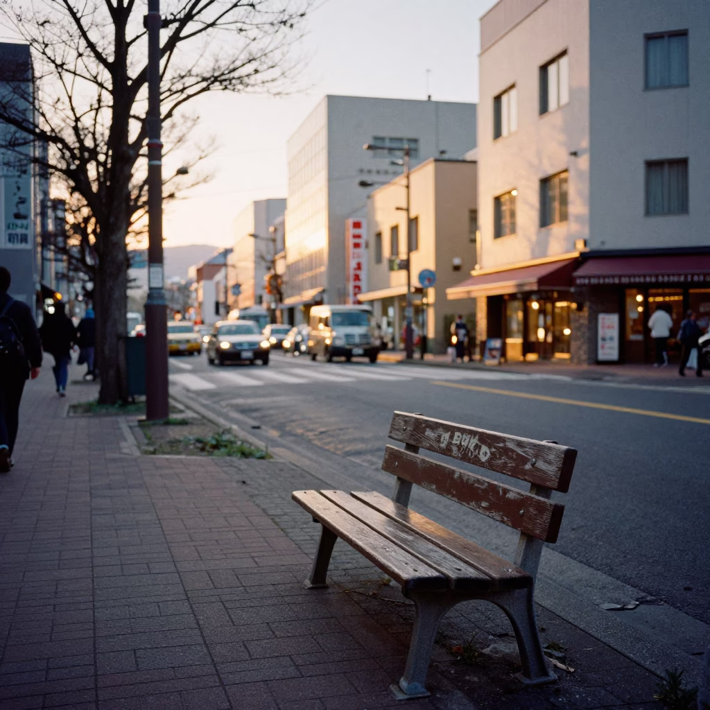 Golden Hour Street Scene in Sapporo Japan with Vintage Park Bench and Local Pedestrians in in Sapporo, Japan