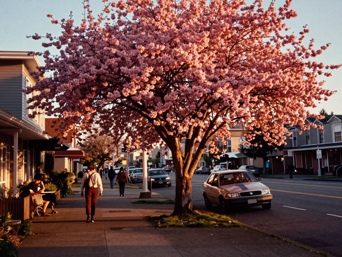 Golden Hour Street Scene in Seattle Washington with Dogwood Tree and Urban Life in in Seattle, Washington, United States
