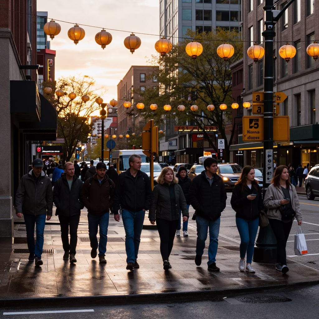 Golden Hour Street Scene in Seattle Washington with Lanterns and Urban Life in in Seattle, Washington, United States