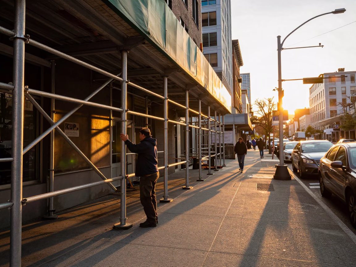 Golden Hour Street Scene in Seattle Washington with Scaffolding and Urban Details in in Seattle, Washington, United States