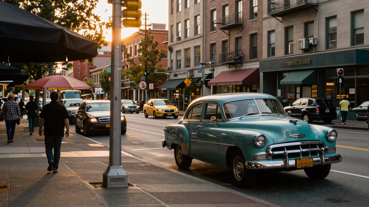 Golden Hour Street Scene in Seattle Washington with Vintage Cars and Umbrellas in in Seattle, Washington, United States