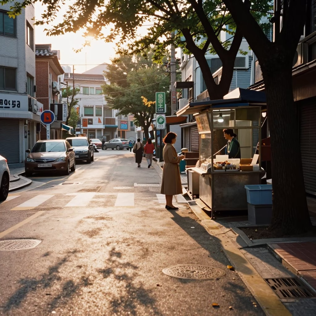 Golden Hour Street Scene in Seoul South Korea with Leaf Shadows and Urban Life in in Seoul, South Korea