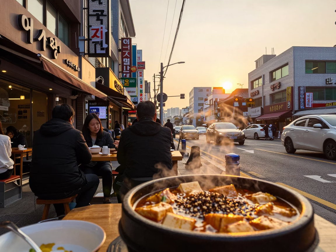 Golden Hour Street Scene in Seoul South Korea with Mapo Tofu and Urban Life in in Seoul, South Korea