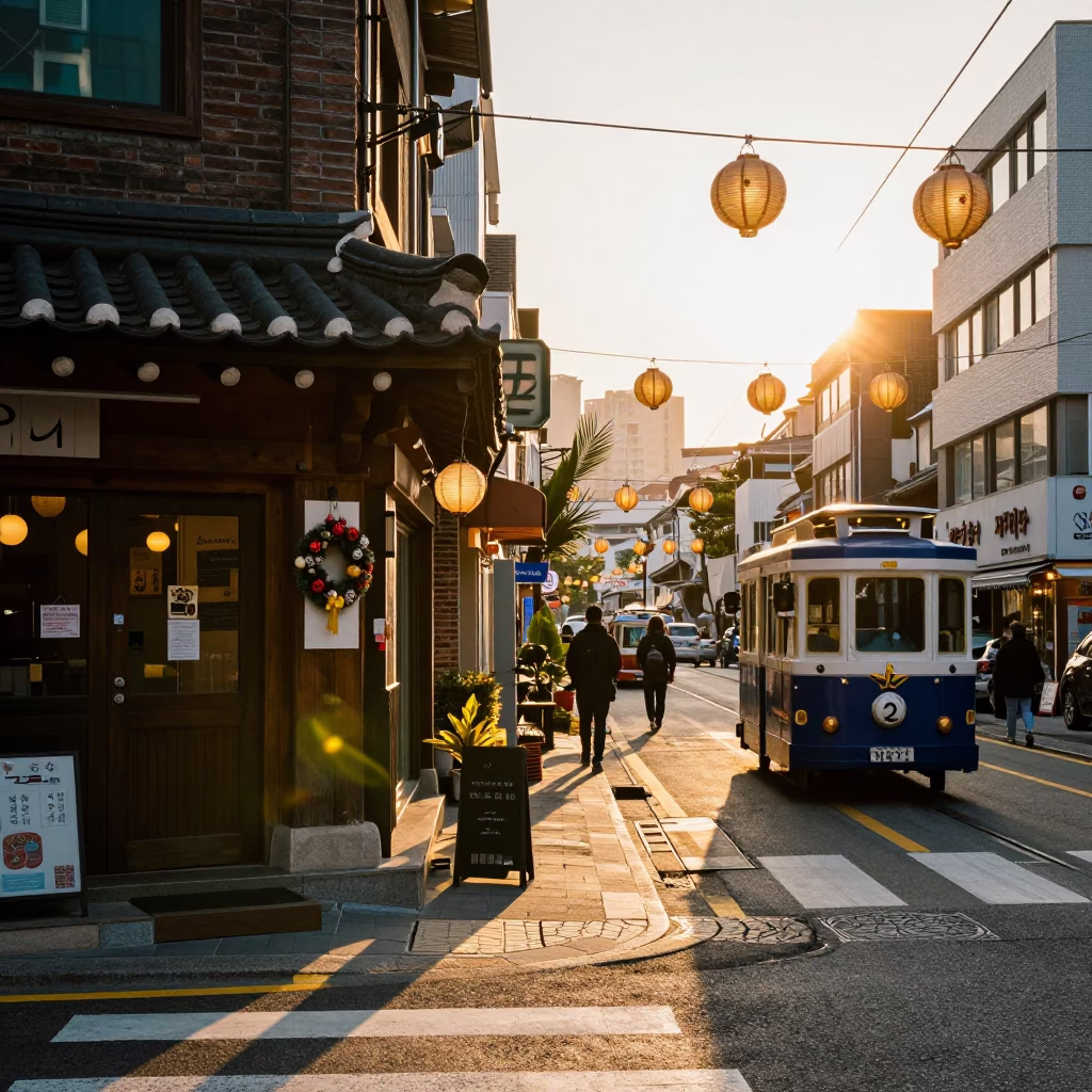 Golden Hour Street Scene in Seoul with Lanterns and Cable Car Views in in Seoul, South Korea