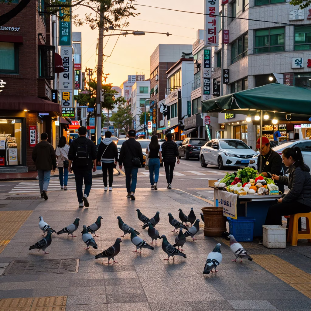 Golden Hour Street Scene in Seoul with Pigeons and Urban Life in in Seoul, South Korea