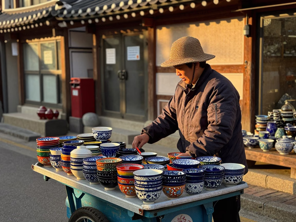 Golden hour street scene in Seoul with vendor and traditional ceramics in in Seoul, South Korea