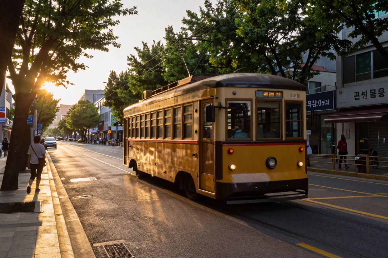 Golden Hour Street Scene in Seoul with Vintage Tram and Urban Life in in Seoul, South Korea