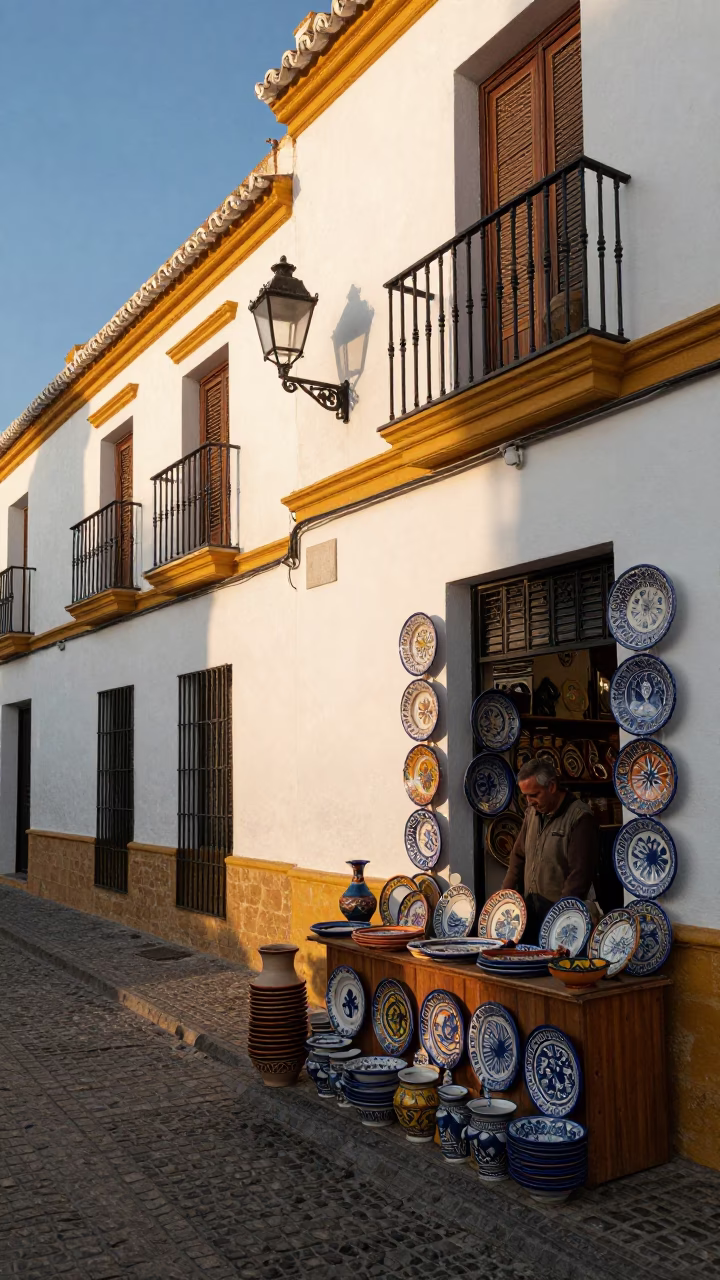 Golden Hour Street Scene in Seville Spain with Colorful Pottery and Traditional Architecture in in Seville, Spain