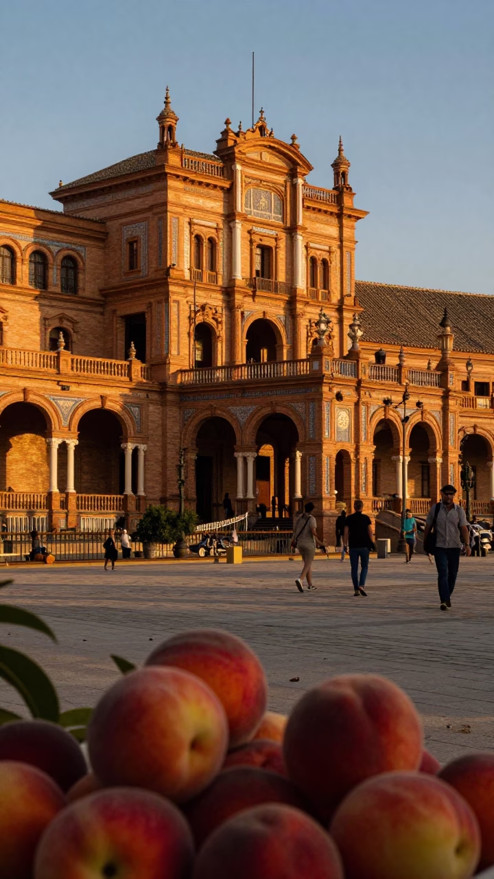 Golden Hour Street Scene in Seville Spain with Fresh Peaches and Traditional Architecture in in Seville, Spain
